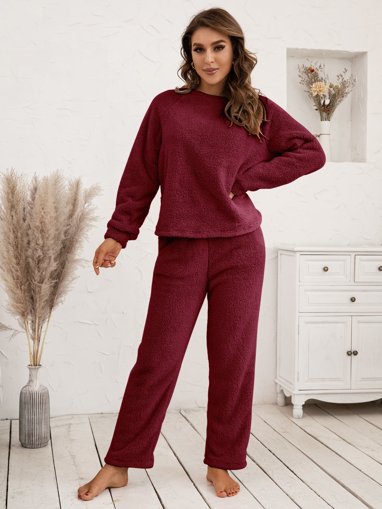 Ivy Lane Teddy Long Sleeve Top and Pants Lounge Set Easy Apparels