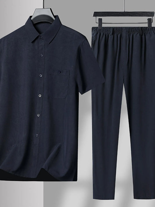 Men's Plus Size Button Up Short Sleeve Shirt and Pants Set Navy Easy Apparels