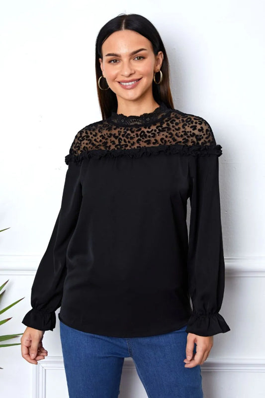 Trendsi Leopard Frill Flounce Sleeve Blouse Black