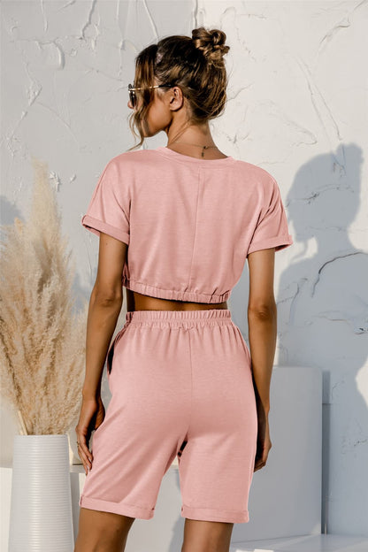 Short Sleeve Cropped Top and Drawstring Shorts Lounge Set Easy Apparels
