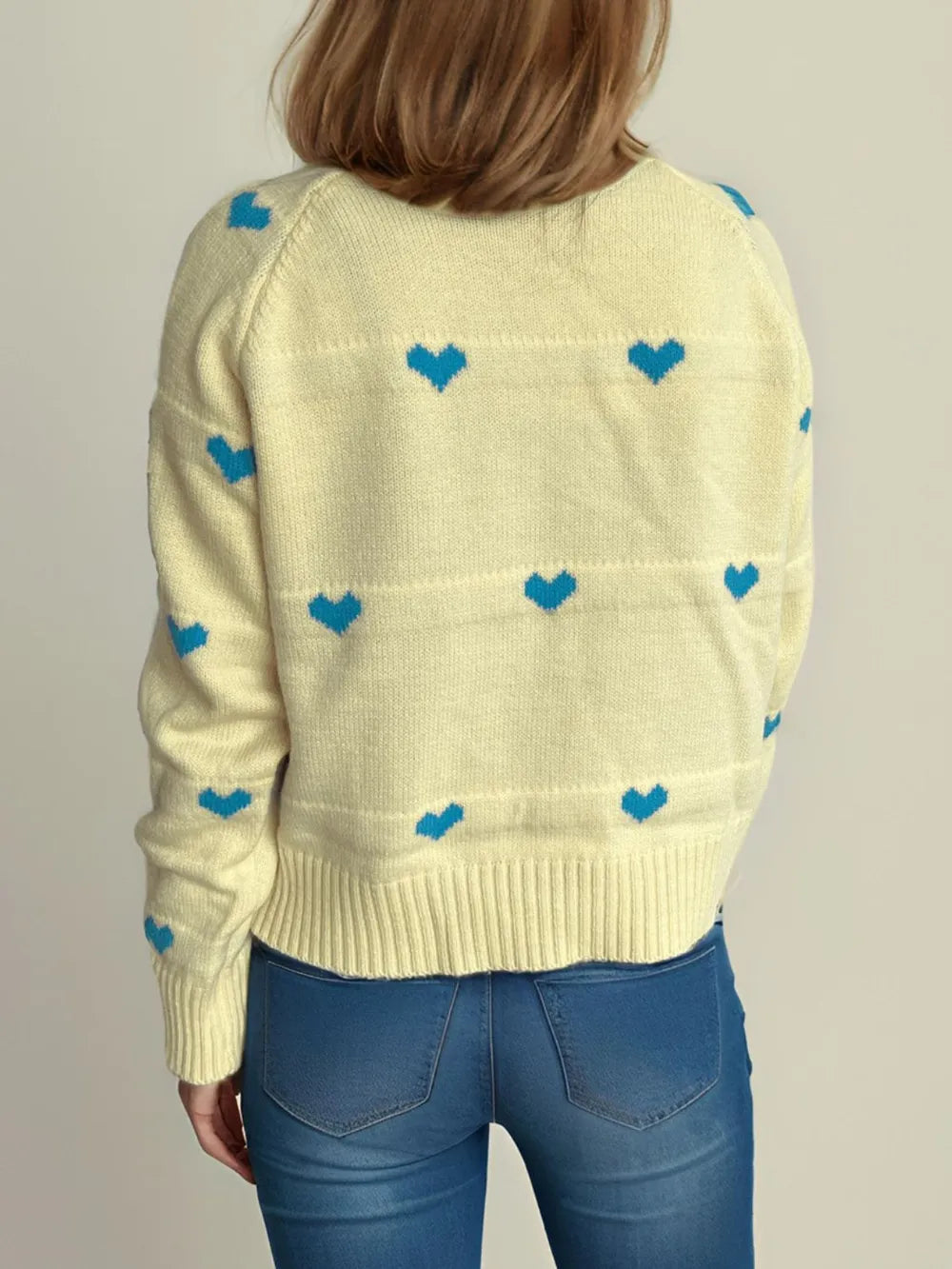 Heart Round Neck Zip Up Cardigan Easy Apparels