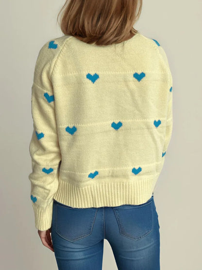 Heart Round Neck Zip Up Cardigan Easy Apparels