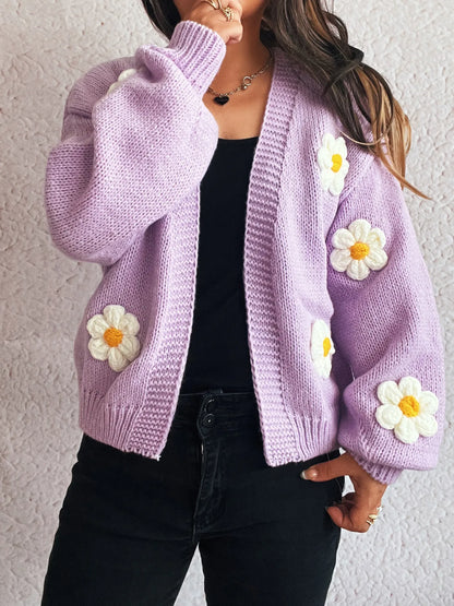 Flower Open Front Long Sleeve Cardigan Easy Apparels