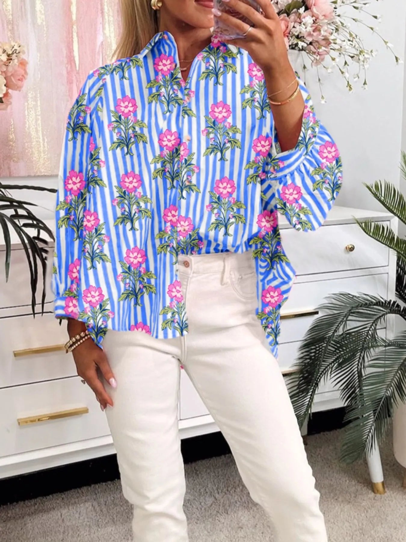 Trendsi Floral Striped Button-Down Shirt Blue