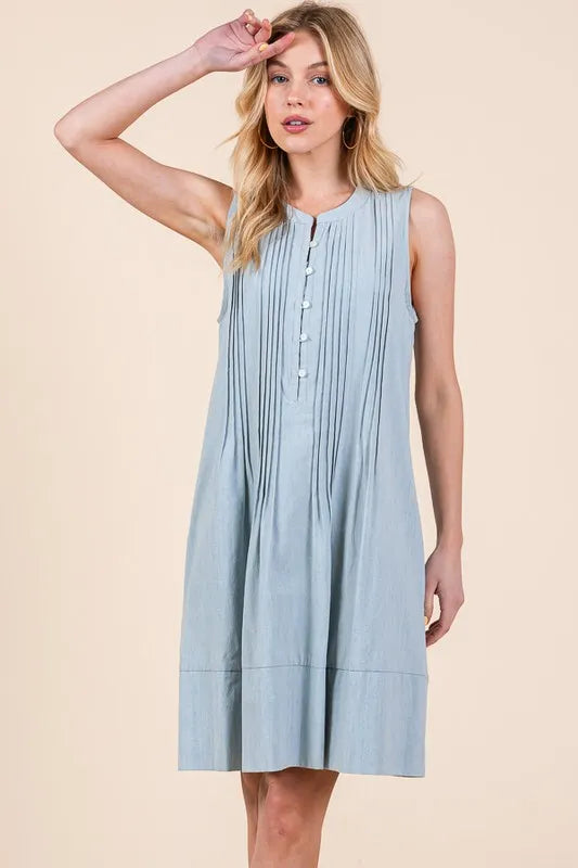 Lime 'N' Chili Denim Pintuck Detail Sleeveless Midi Dress LT DENIM Easy Apparels