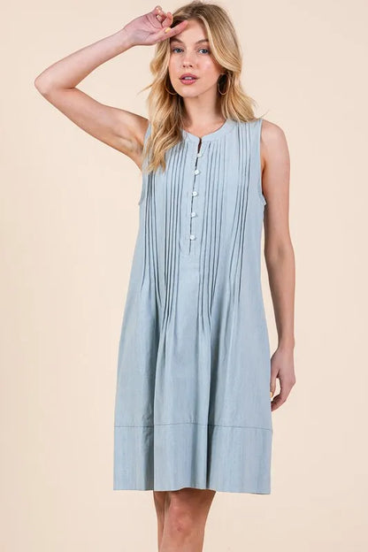 Lime 'N' Chili Denim Pintuck Detail Sleeveless Midi Dress LT DENIM Easy Apparels