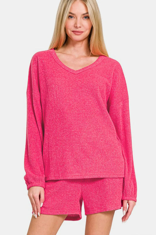 Zenana V-Neck Long Sleeve Ribbed Top and Shorts Set Strawberry Easy Apparels