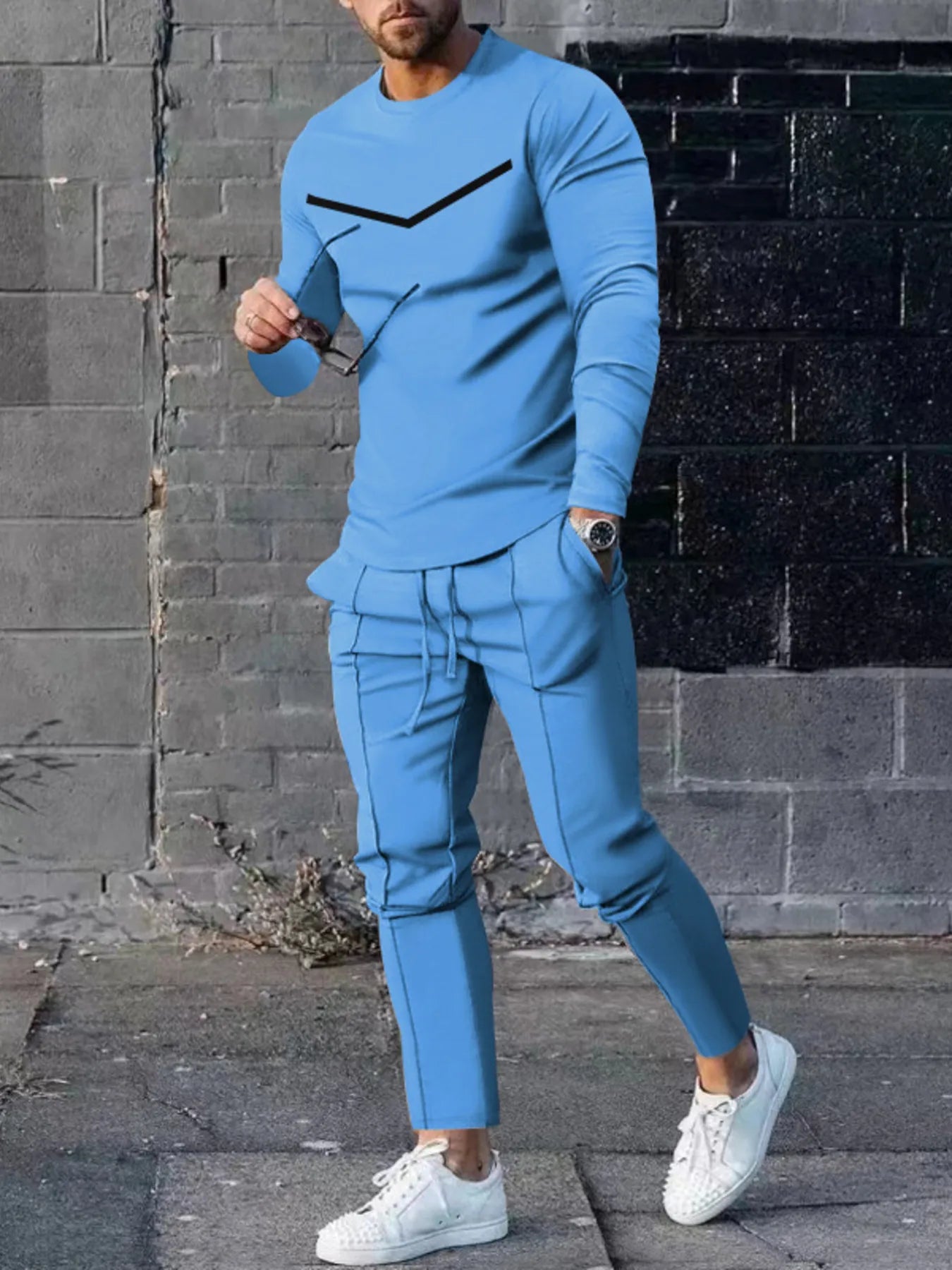 Men's Plus Size Round Neck Long Sleeve Top and Pants Set Light Blue Easy Apparels