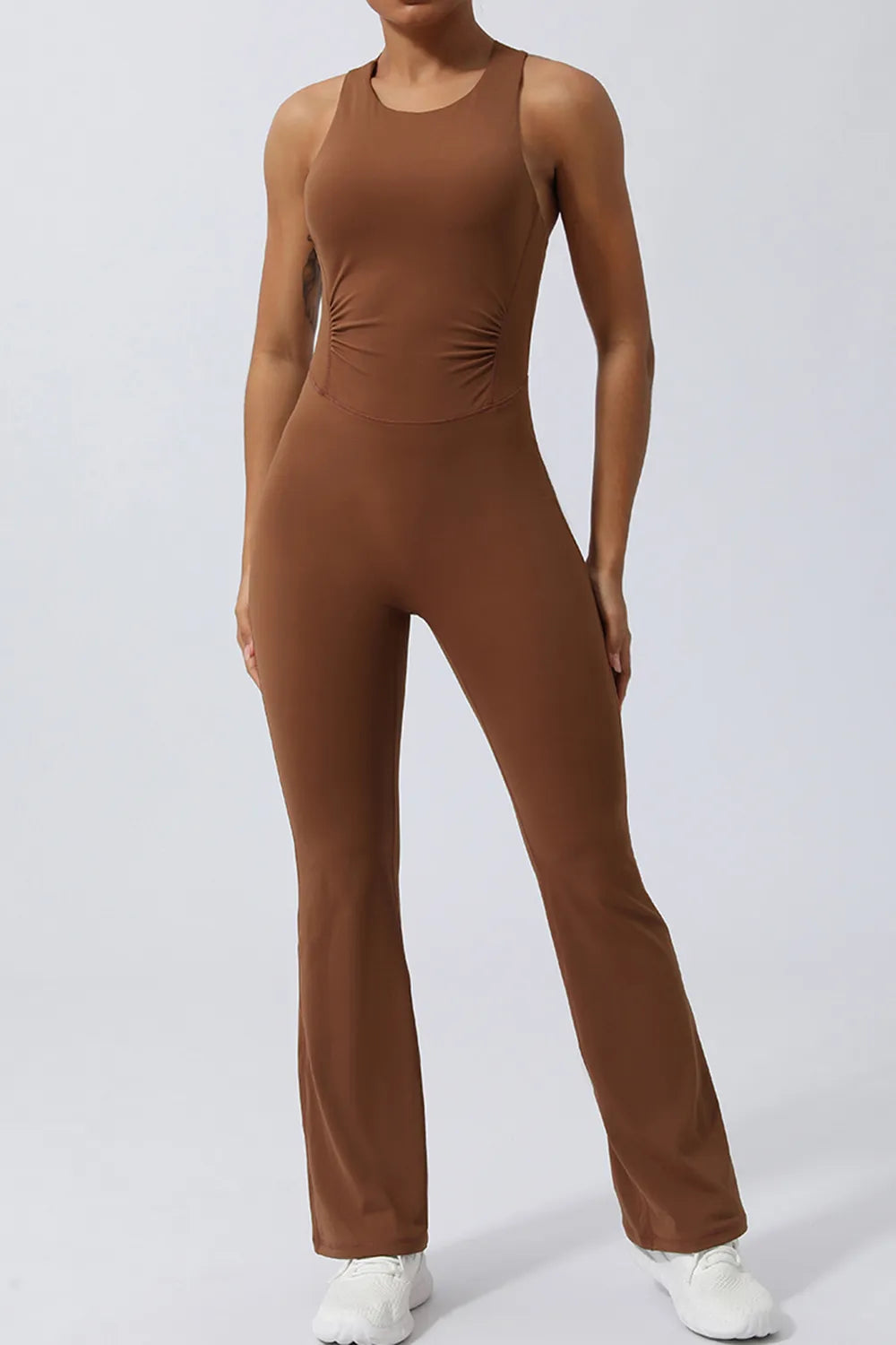 Crisscross Wide Strap Sleeveless Jumpsuit Brown Easy Apparels