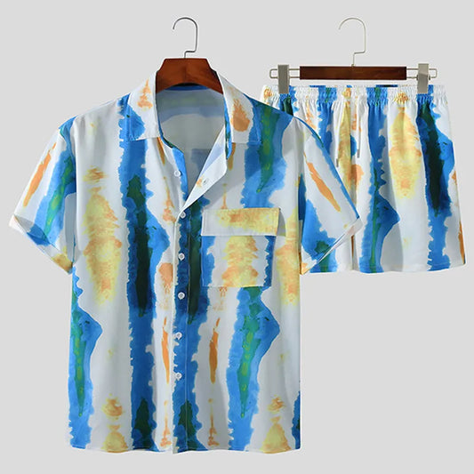 Men's Full Size Printed Button Up Short Sleeve Shirt and Shorts Plus Size Light Blue Easy Apparels