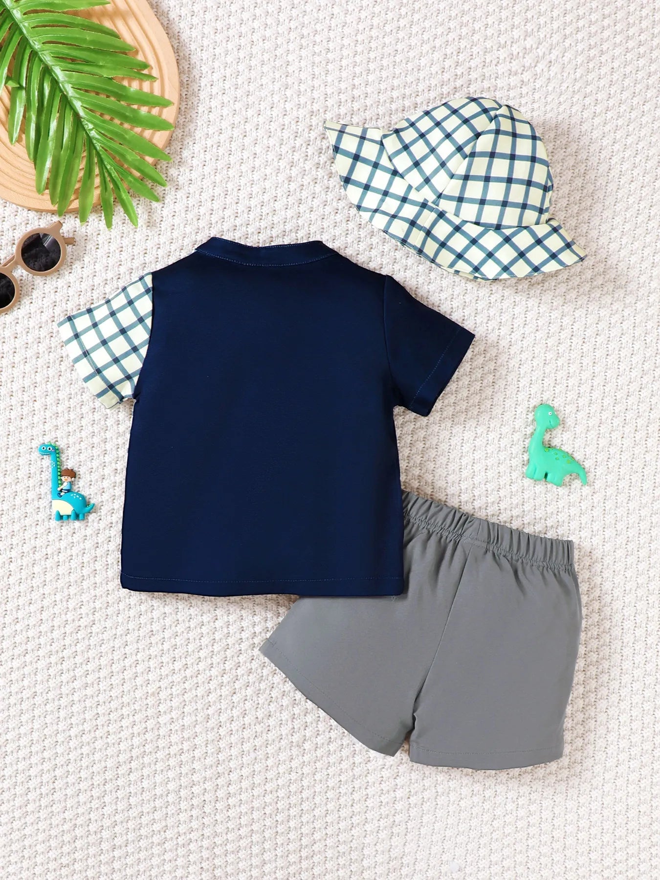 Children's Hat Dinosaur Plaid Button Up Top and Shorts 3-Piece Set Easy Apparels