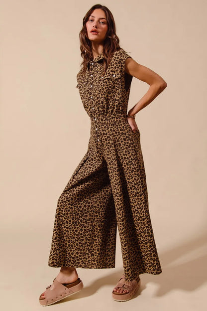 SO ME Wide Leg Leopard Twill Overalls Jumpsuit with Tuck Easy Apparels