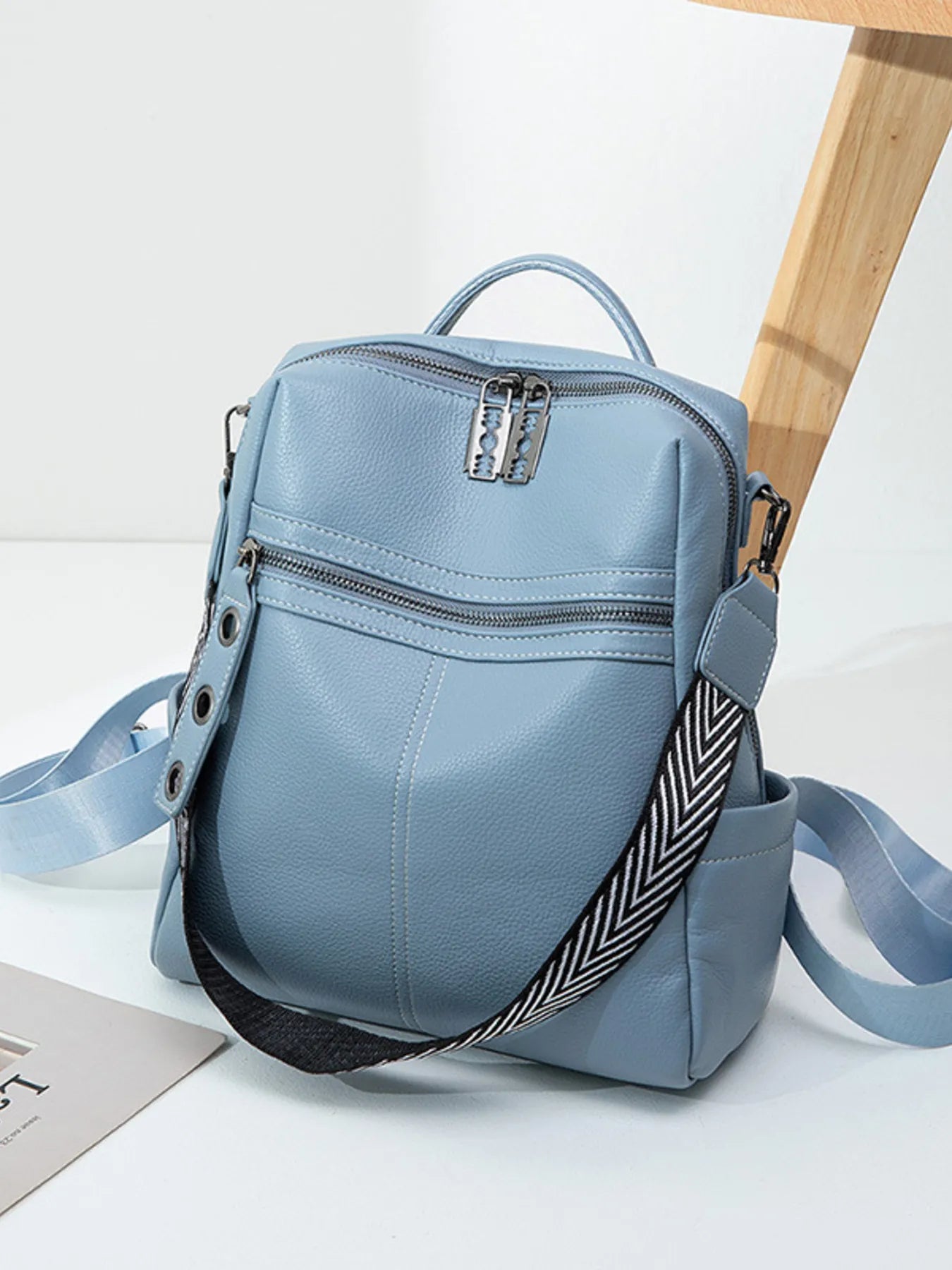 Leather Multi-Compartment Backpack Bag Blue One Size Easy Apparels