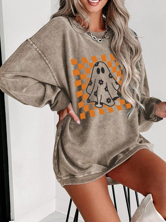 Halloween Checkerboard Floral Ghost Graphic Corded Sweatshirt Khaki Easy Apparels