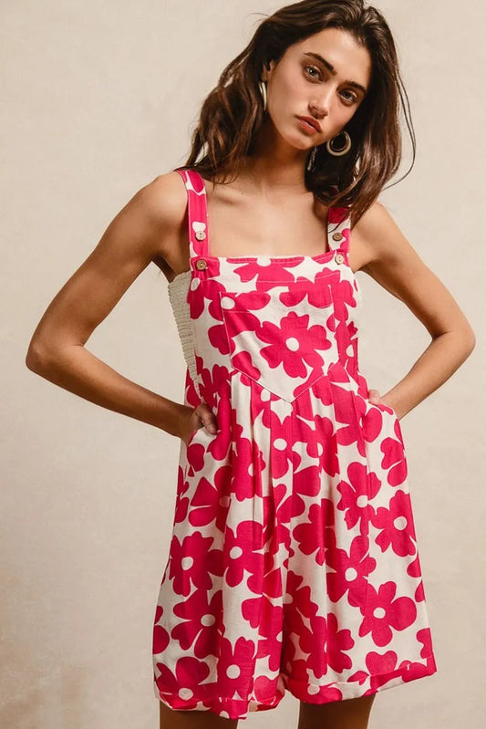 BiBi Floral Prints Tuck Detail Short Overall With Pockets FUCHSIA Easy Apparels