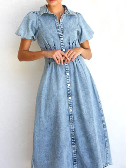 Puff Sleeve Button Front Denim Midi Dress Easy Apparels