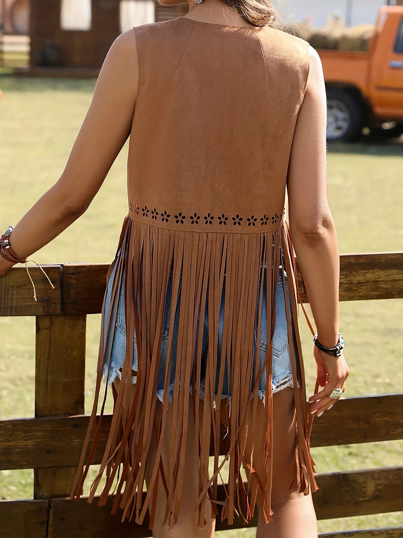 Fringe Cutout Detail Sleeveless Vest Coat Easy Apparels