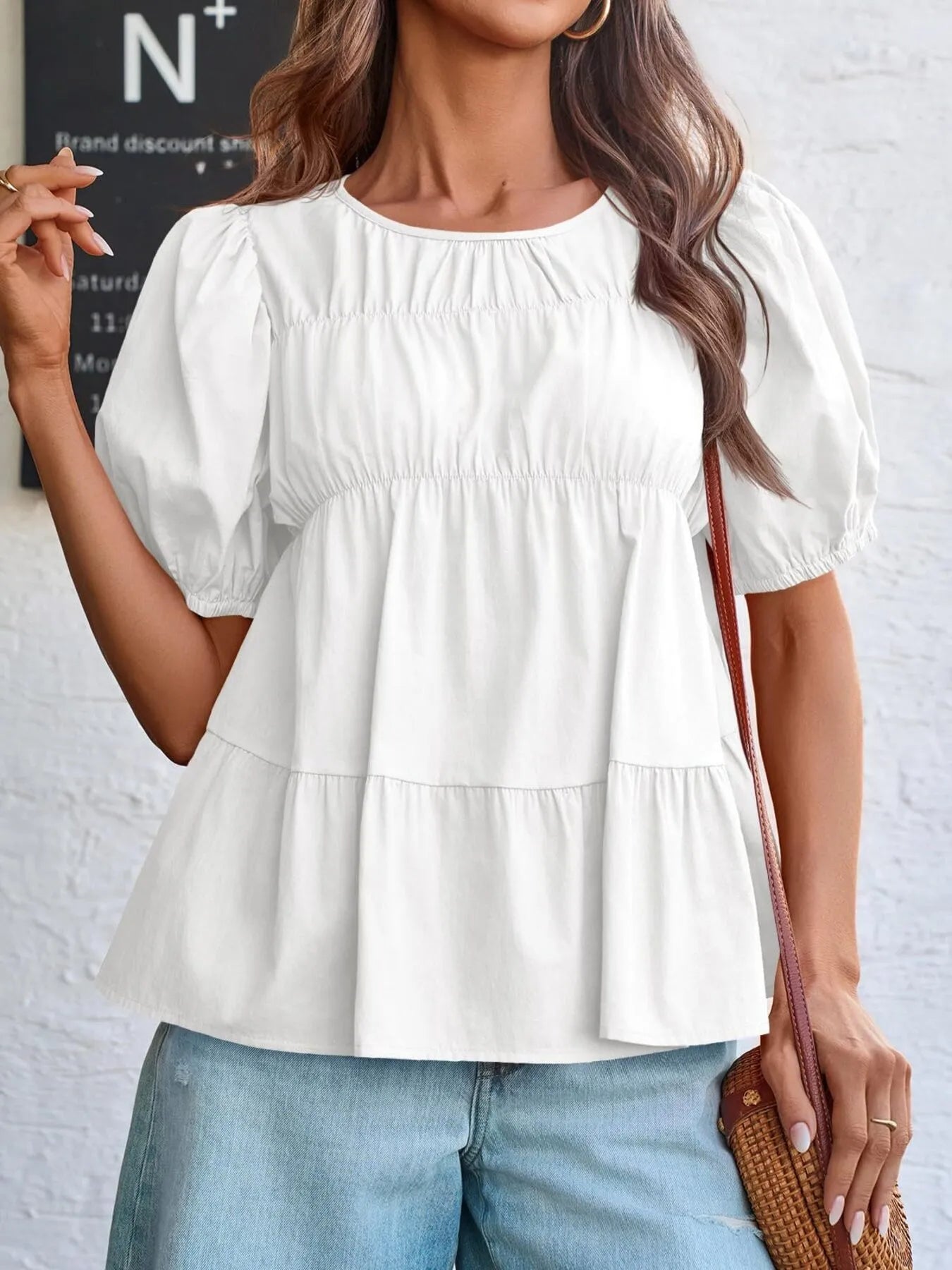 Trendsi Tiered Round Neck Puff Sleeve Ruched Blouse White