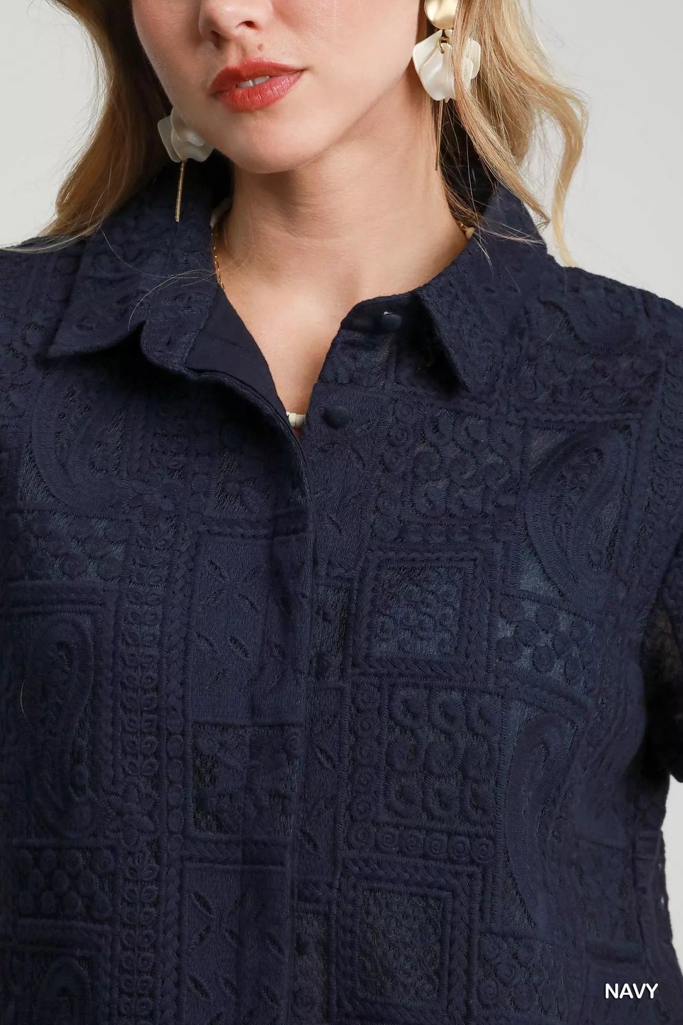 Trendsi Umgee Patch Lace Short Sleeve Button Down Shirt