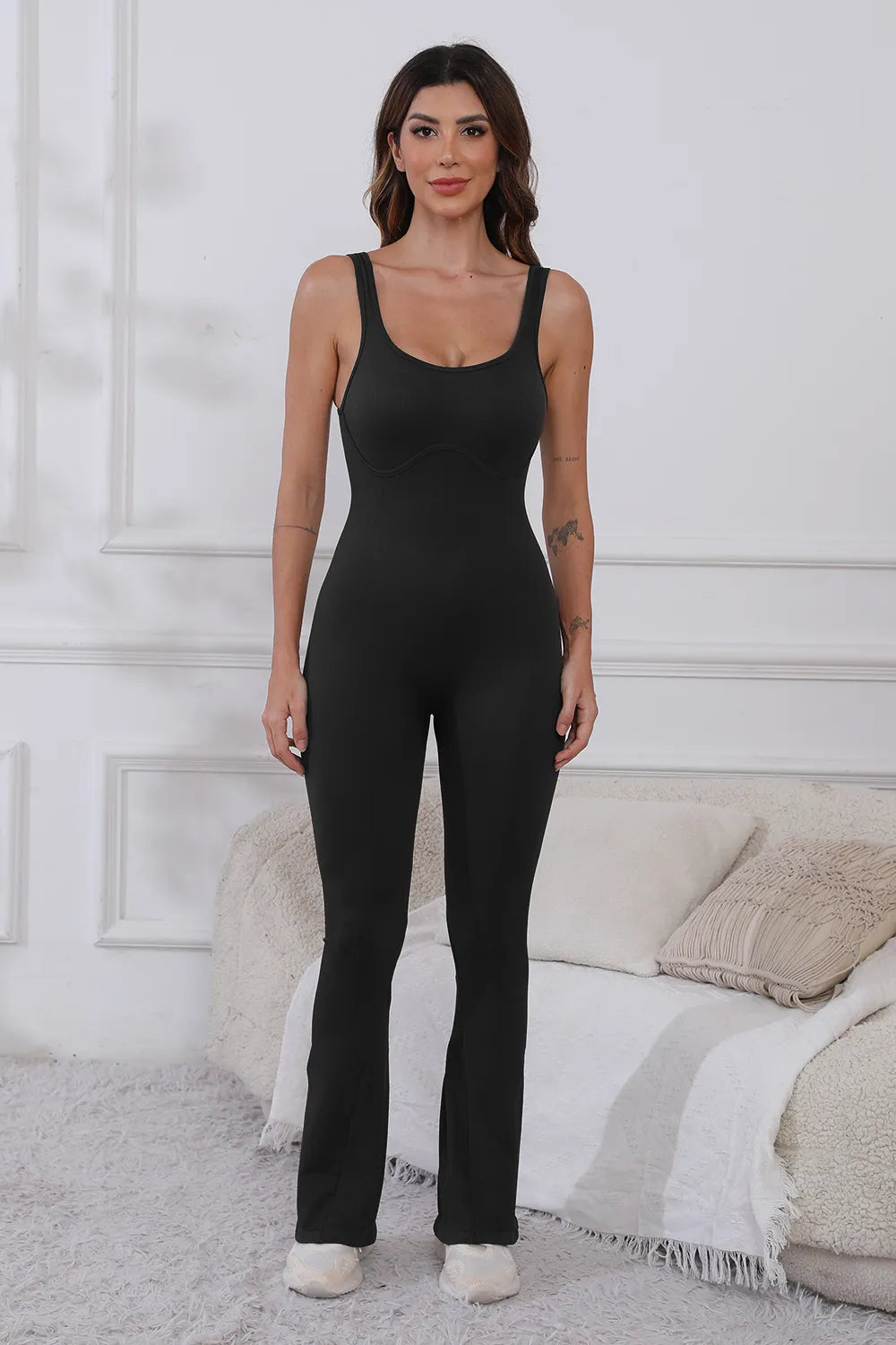 Scoop Neck Wide Strap Active Jumpsuit Easy Apparels