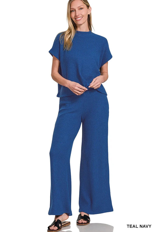 Zenana Sweater Boxy Top & Long Pants Set TEAL NAVY Easy Apparels
