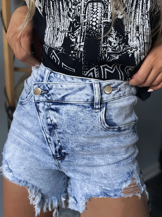 High Waisted Distressed Denim Shorts with Frayed Hem Light Blue Easy Apparels