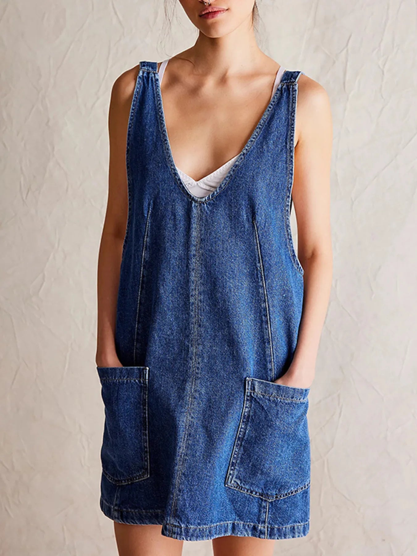 Oversized V-Neck Denim Tank Dress with Front Pockets Navy Easy Apparels