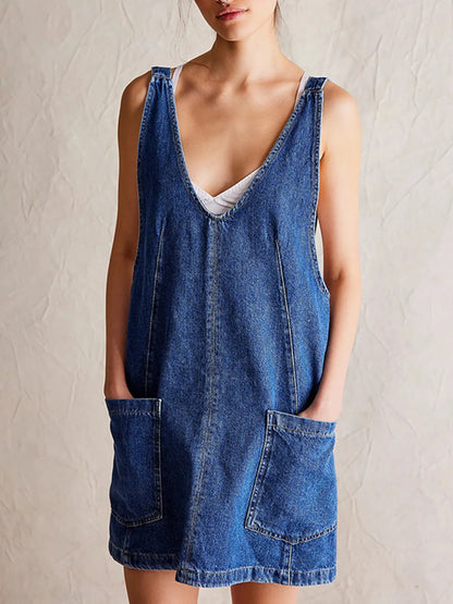 Oversized V-Neck Denim Tank Dress with Front Pockets Navy Easy Apparels