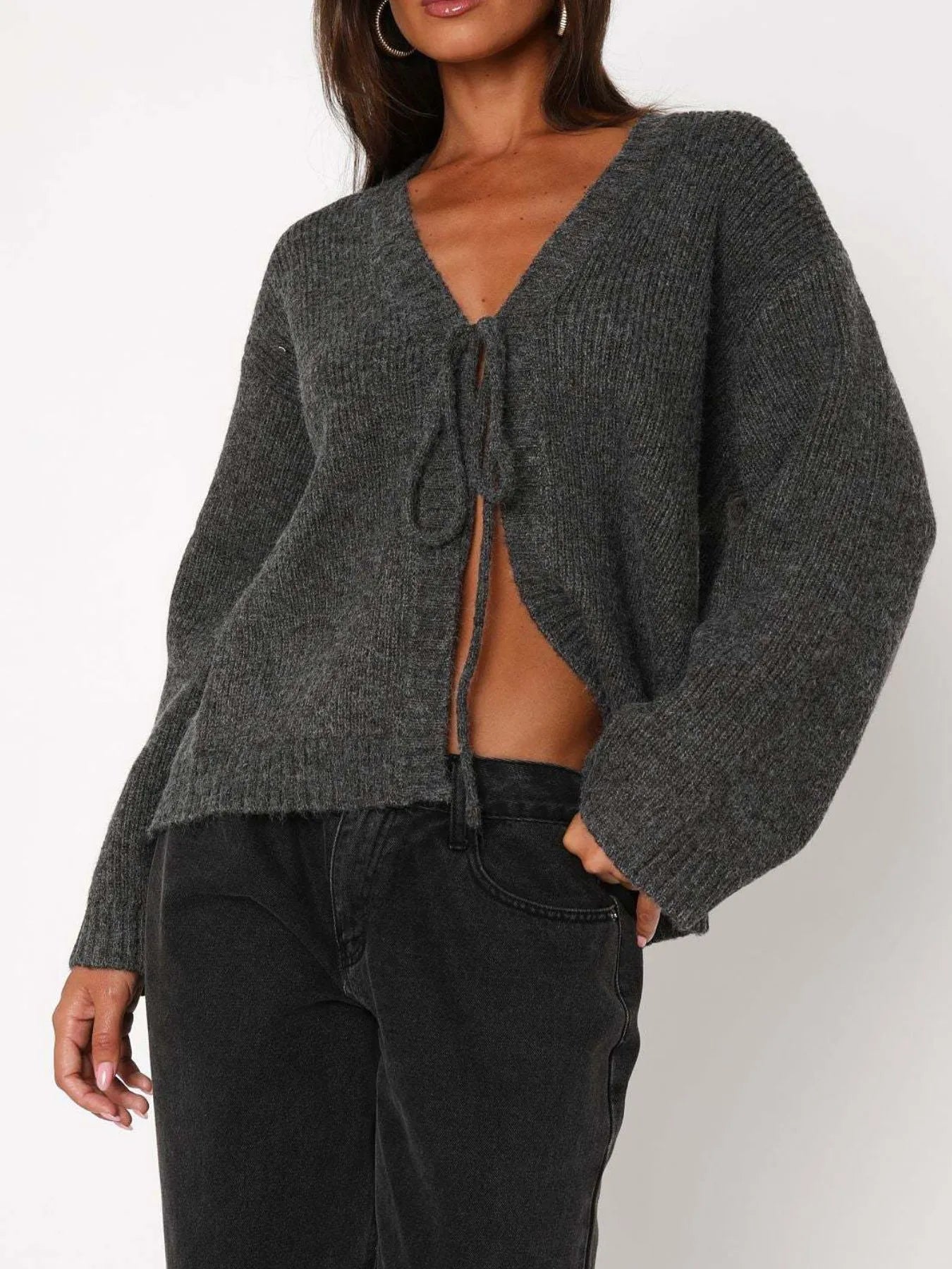 Open Front Tied Sweater Cardigan Dark Gray Easy Apparels