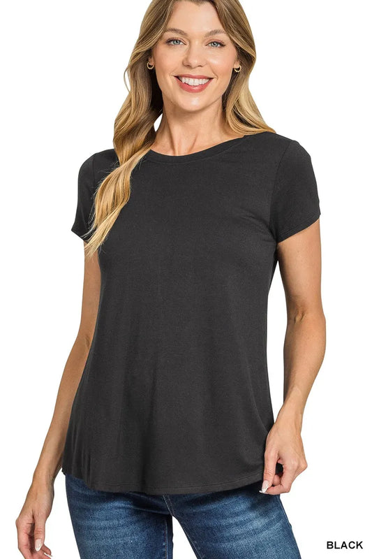 Trendsi Zenana Flowy Round Hem Rayon Short Sleeve T-Shirt BLACK