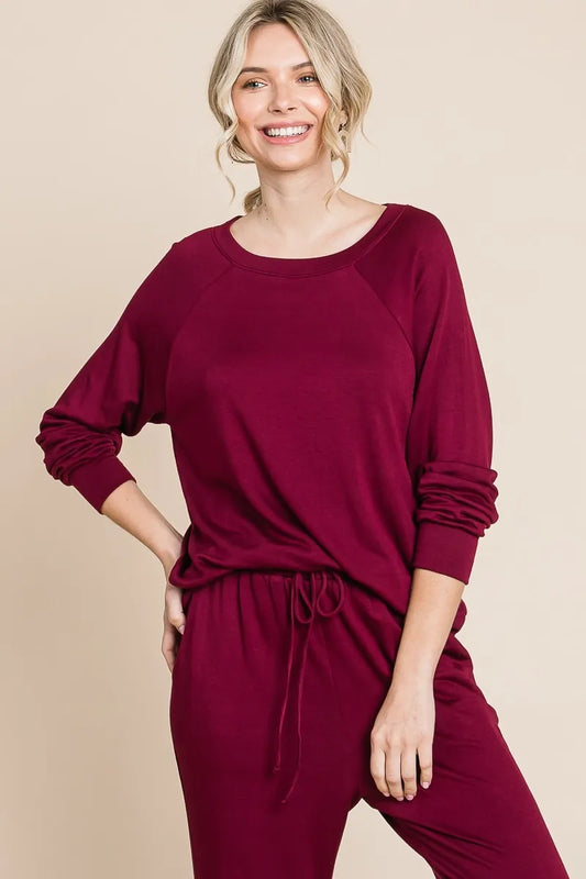 Super Lady Round Neck Raglan Sleeve Top and Pants Lounge Set Burgundy Easy Apparels
