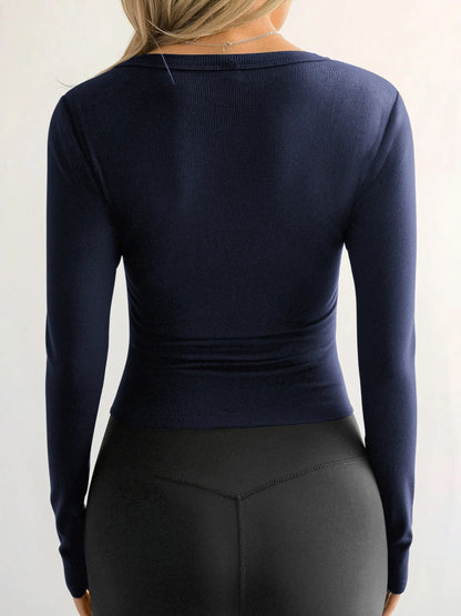Trendsi Ribbed V-Neck Long Sleeve T-Shirt