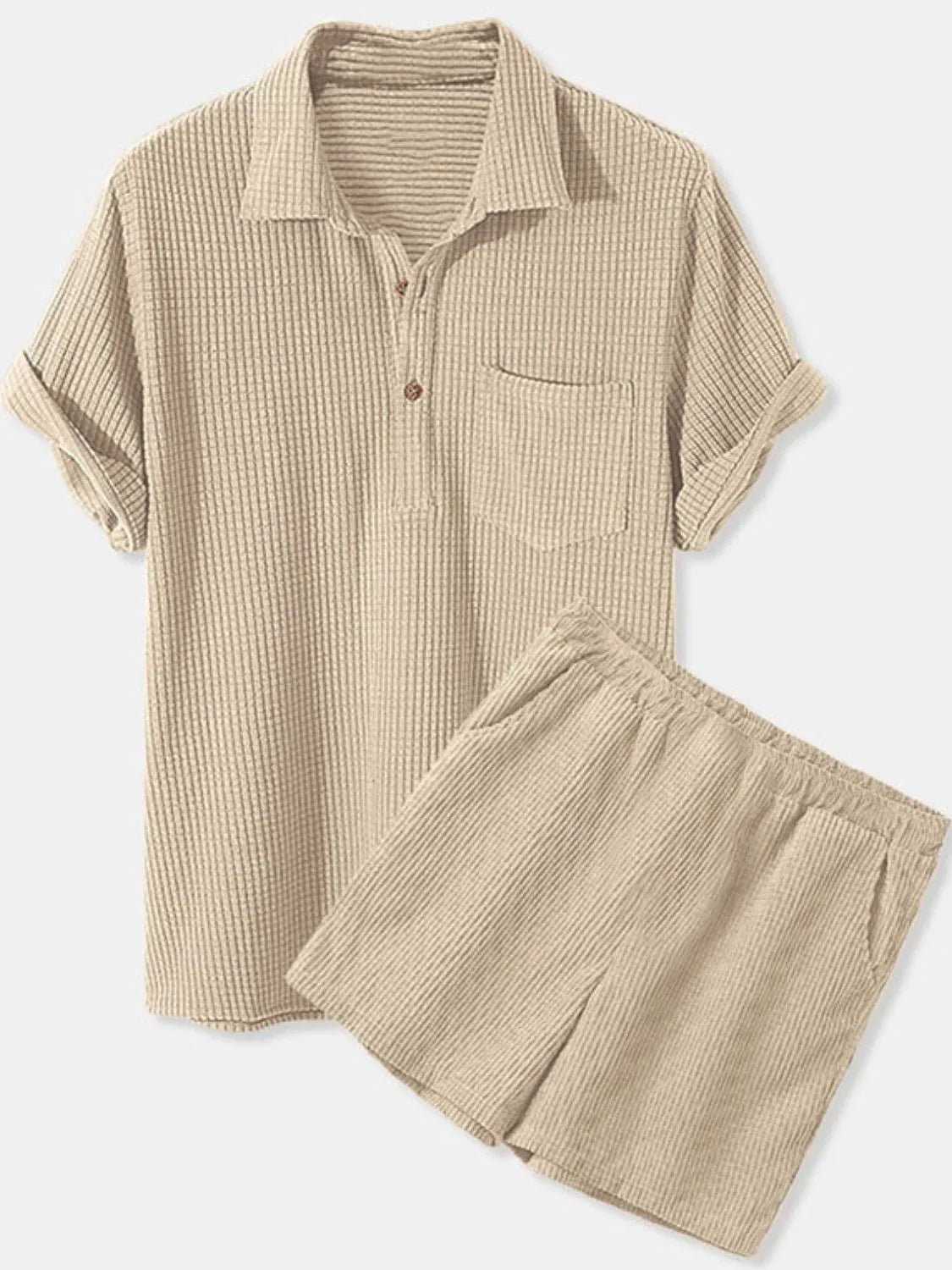 Men's Full Size Button Detail Short Sleeve Top and Shorts Set Plus Size Apricot Easy Apparels