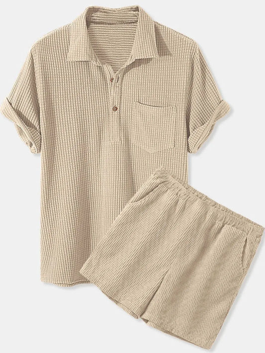 Men's Full Size Button Detail Short Sleeve Top and Shorts Set Plus Size Apricot Easy Apparels