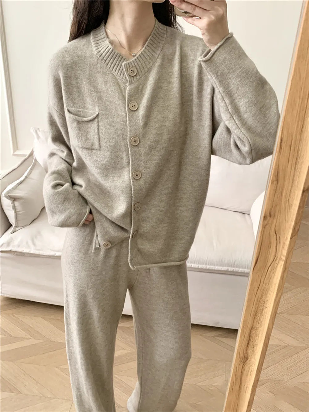 Pocketed Round Neck Button Up Cardigan and Pants Sweater Set Khaki One Size Easy Apparels