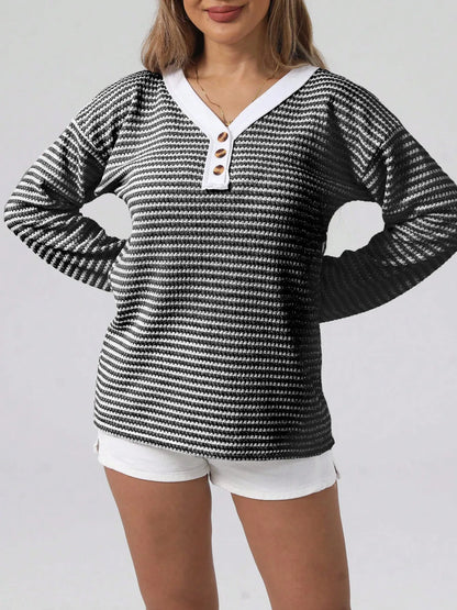 Trendsi Striped Button Detail Long Sleeve Top Gray