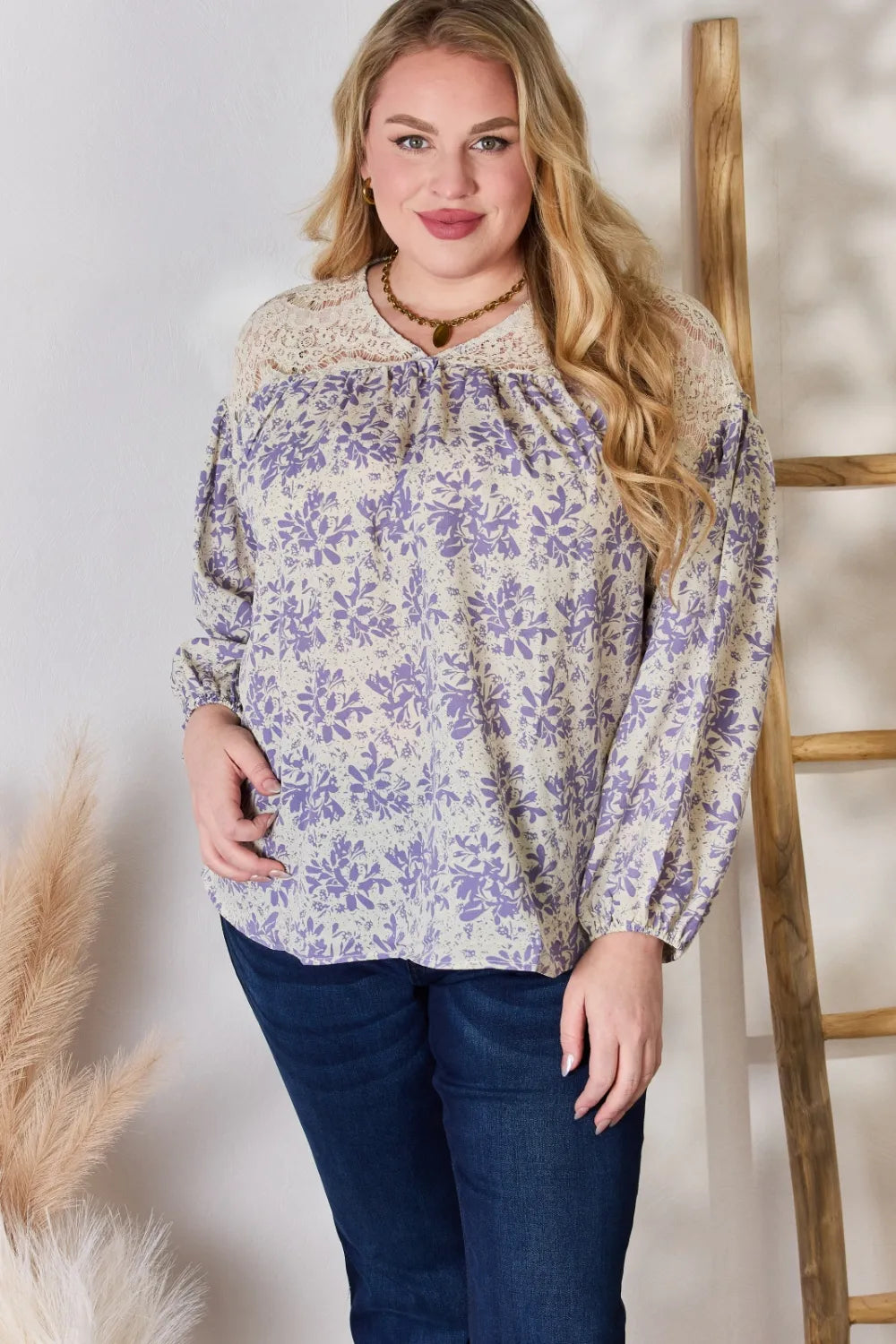 Trendsi Hailey & Co Full Size Lace Detail Printed Blouse