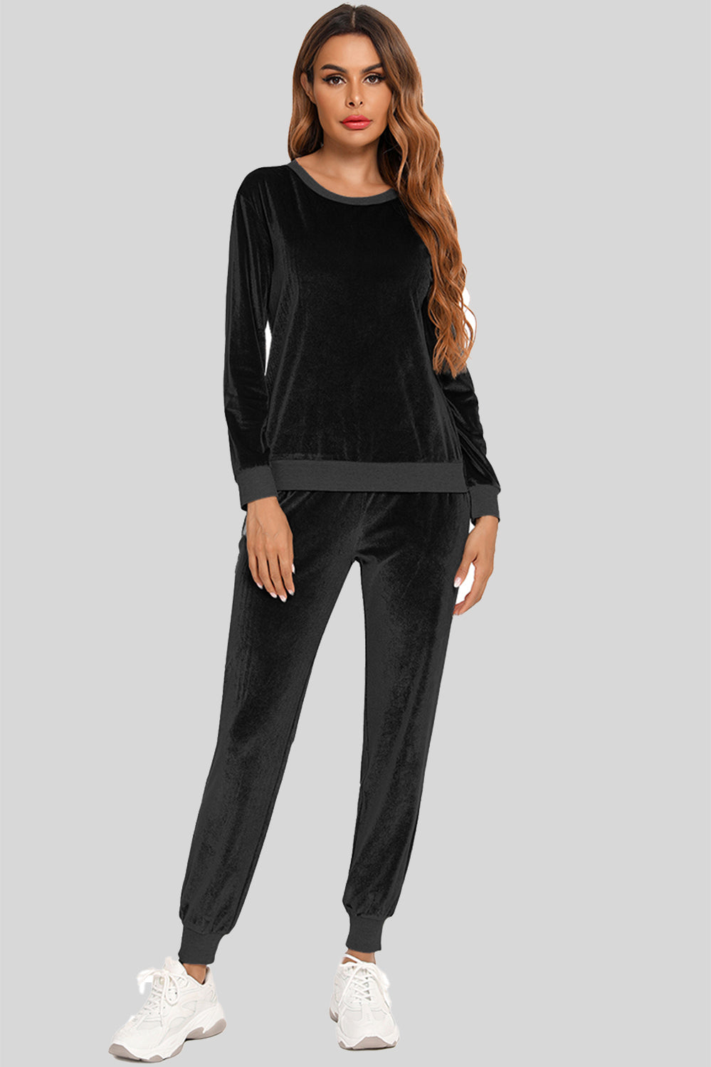 Round Neck Long Sleeve Loungewear Set with Pockets Black Easy Apparels