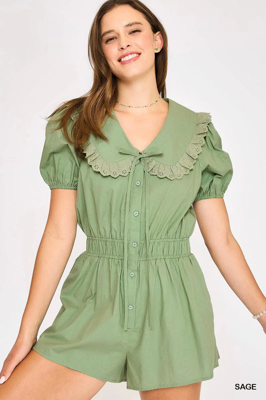 Umgee Collared Short Sleeve Button Down Romper Sage Easy Apparels