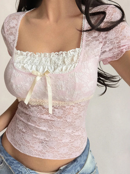 Trendsi Lace Short Sleeve T-Shirt with Bow Detail