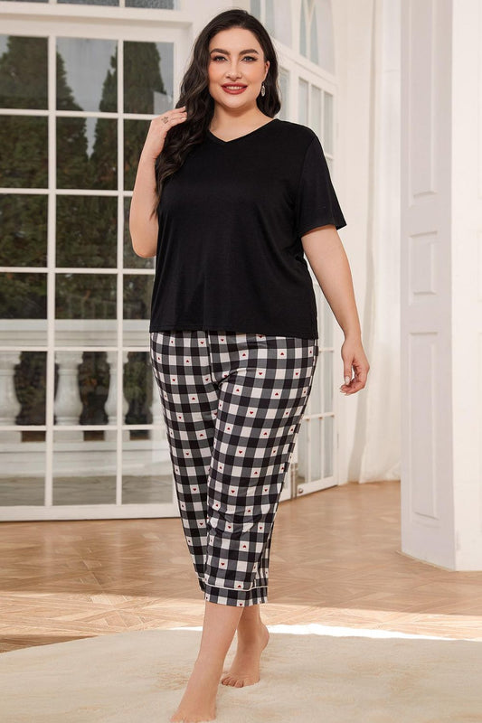 V-Neck Tee and Plaid Cropped Pants Lounge Set Black Easy Apparels