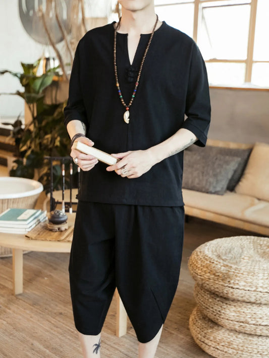 Men's Plus Size Notched Half Sleeve Top and Cropped Pants Set Black Easy Apparels