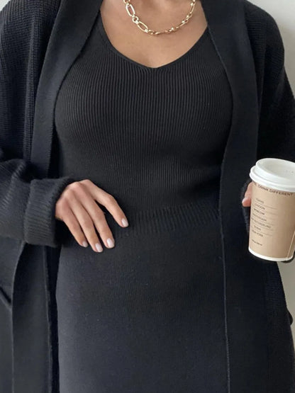 Pocketed Long Sleeve Cardigan and Skirt Sweater Set Easy Apparels
