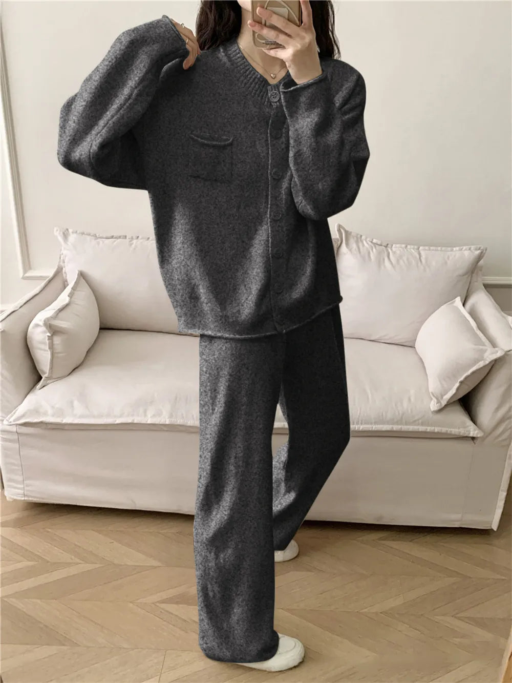 Pocketed Round Neck Button Up Cardigan and Pants Sweater Set Easy Apparels