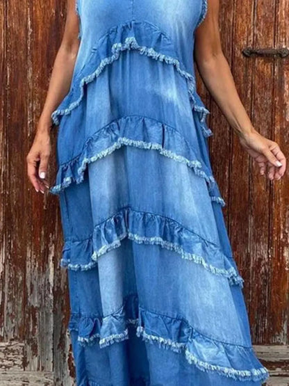 Raw Hem Layered Denim Maxi Dress Easy Apparels