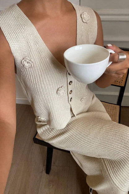 Flower V-Neck Vest and Skirt Sweater Set Easy Apparels