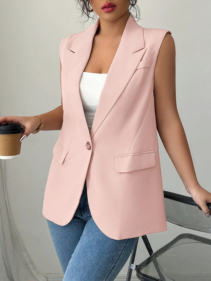 One Button V-Neck Blazer Vest Coat Pink Easy Apparels