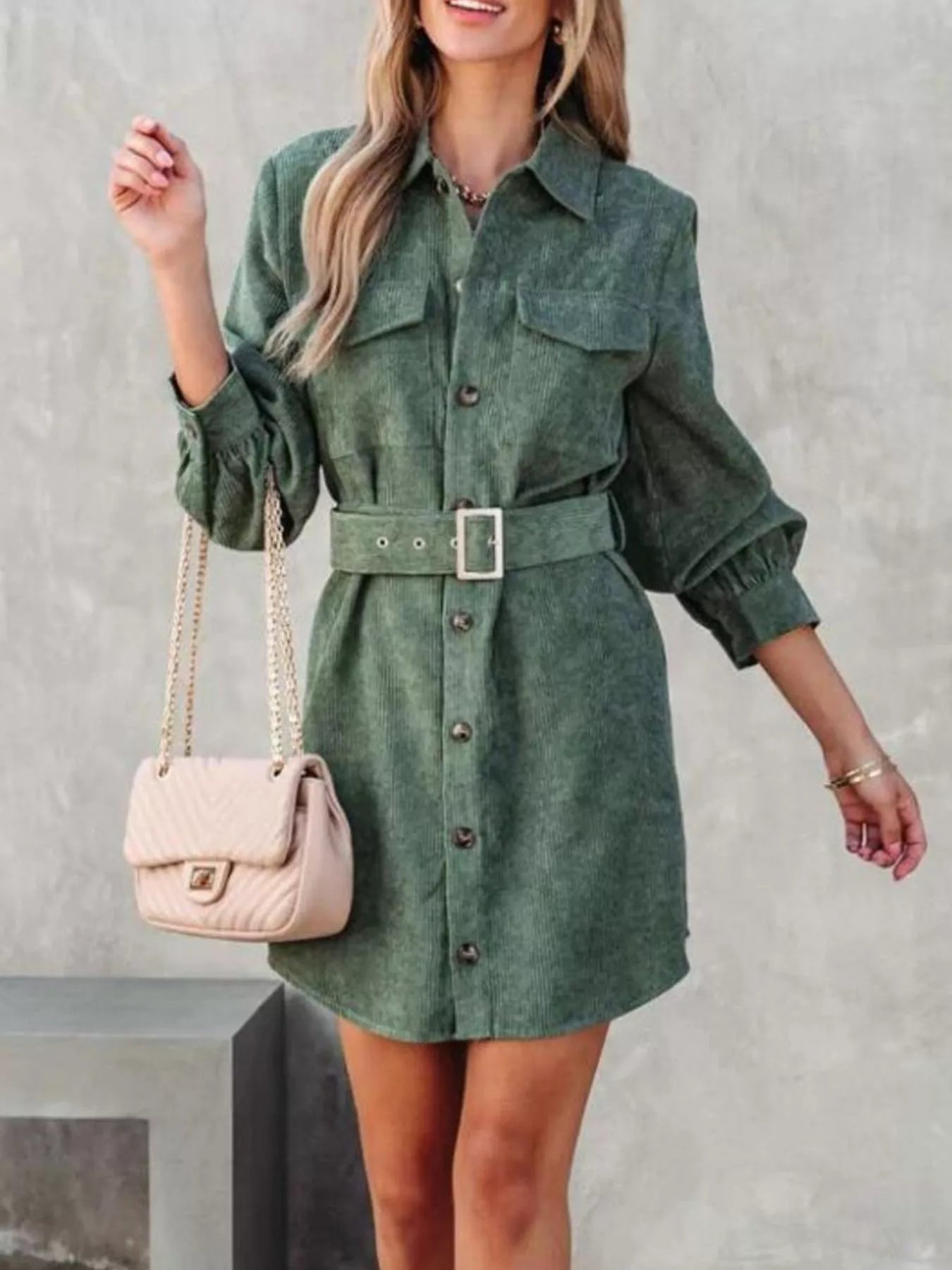 Button Front Belt Long Sleeve Corduroy Dress Easy Apparels