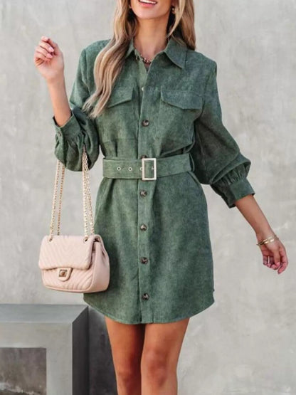 Button Front Belt Long Sleeve Corduroy Dress Easy Apparels