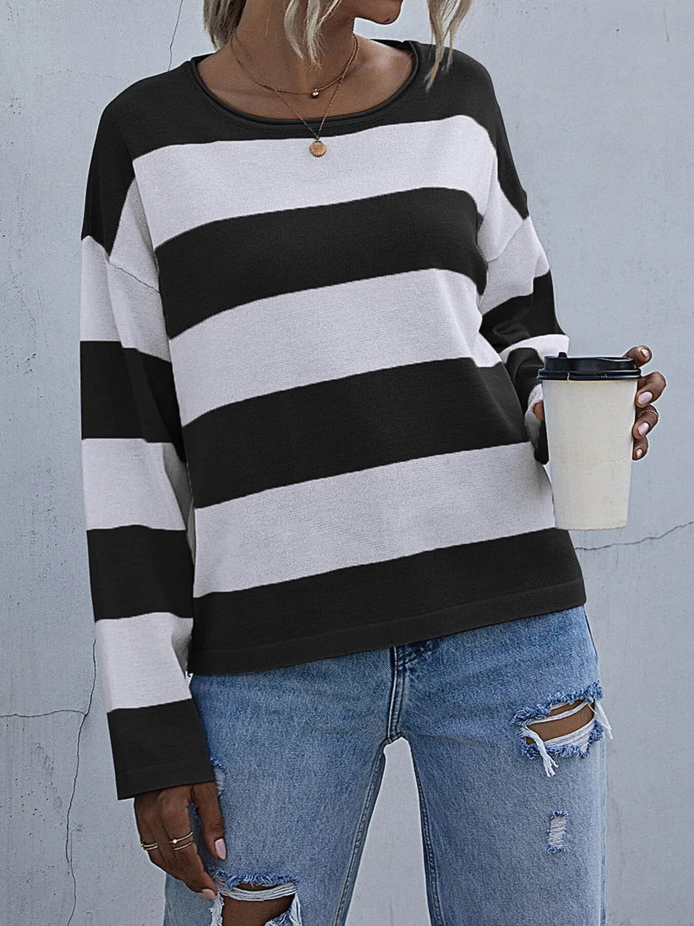 Trendsi Striped Casual Long Sleeve Knit Top Black